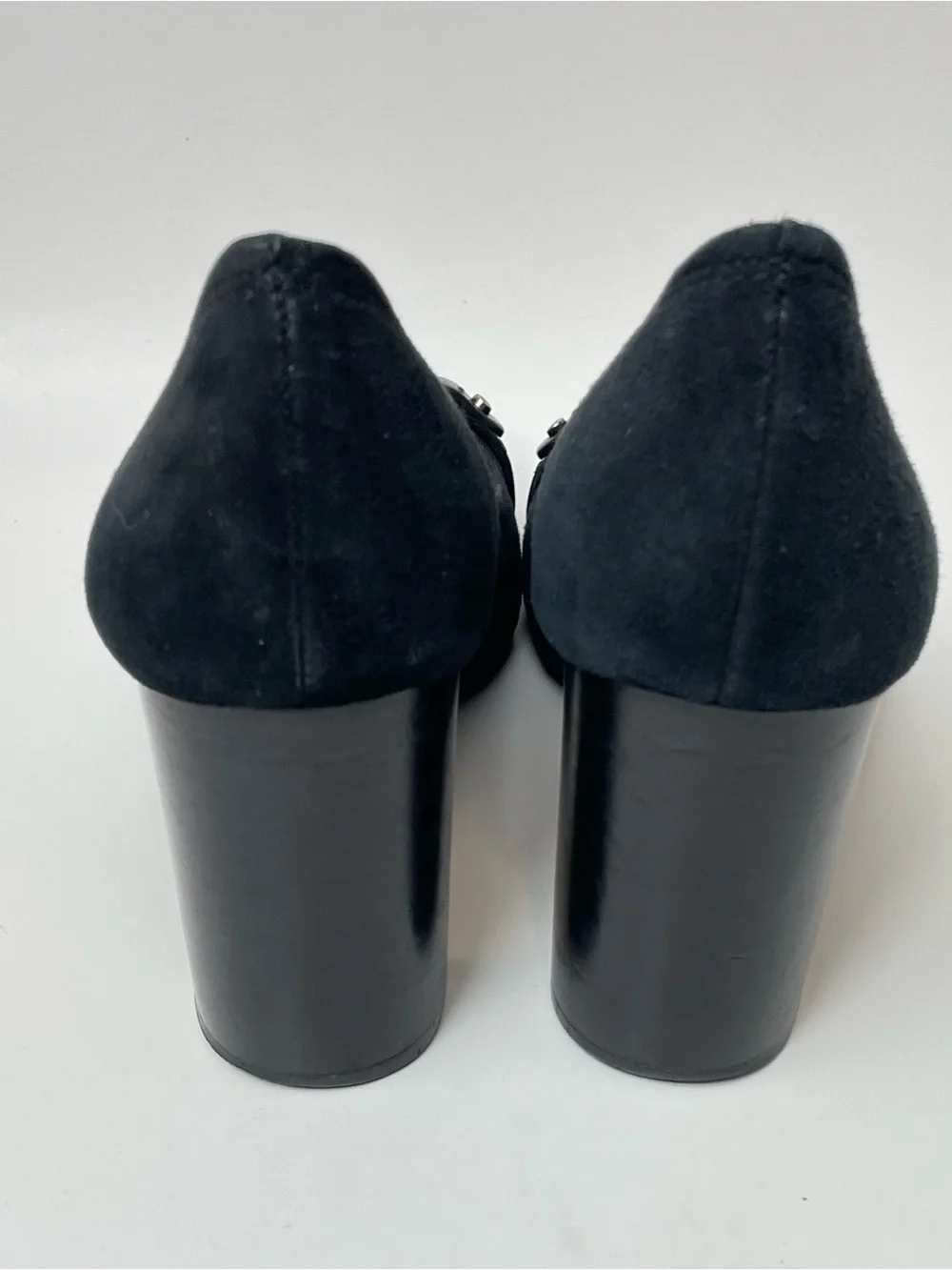 Tory Burch Mini Miller Black Suede Block-Heel Pumps with Medallion Accent
